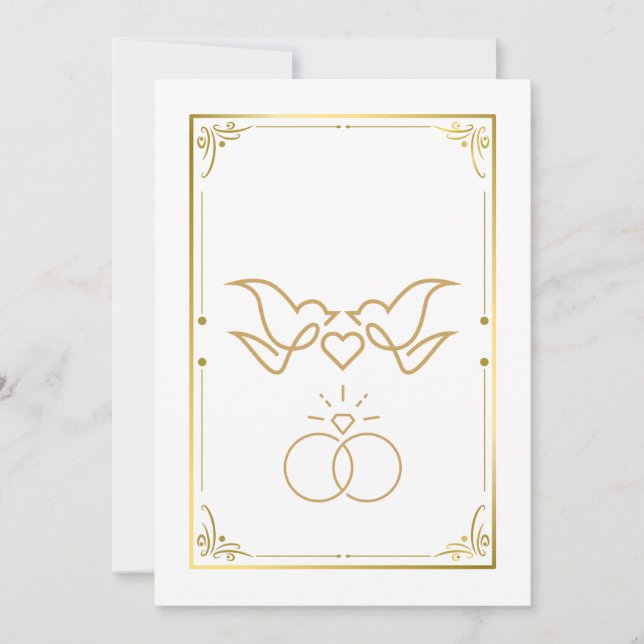 Golden Doves & Rings - Elegante Einladung zur Hoch (Vorderseite)