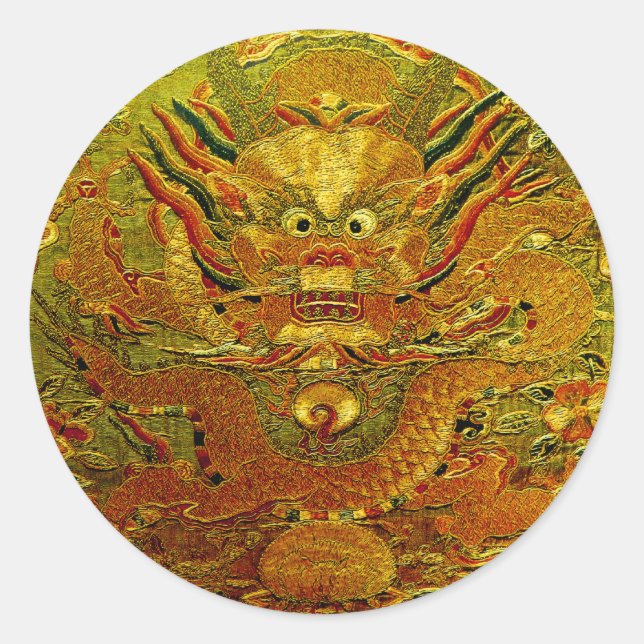 Golden Dragon Chinesische Stickerei Ming Dynastie Runder Aufkleber (Vorderseite)