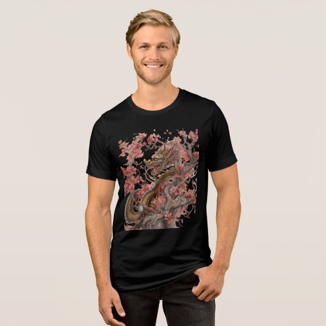 Golden Dragon in Sakura Tree Artwork Tri-Blend Shirt (Vorderseite voll)
