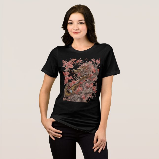 Golden Dragon in Sakura Tree Artwork Tri-Blend Shirt (Vorderseite voll)