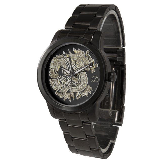 Golden Dragon Logo Add Monogram Elegant Armbanduhr (Schrägansicht)