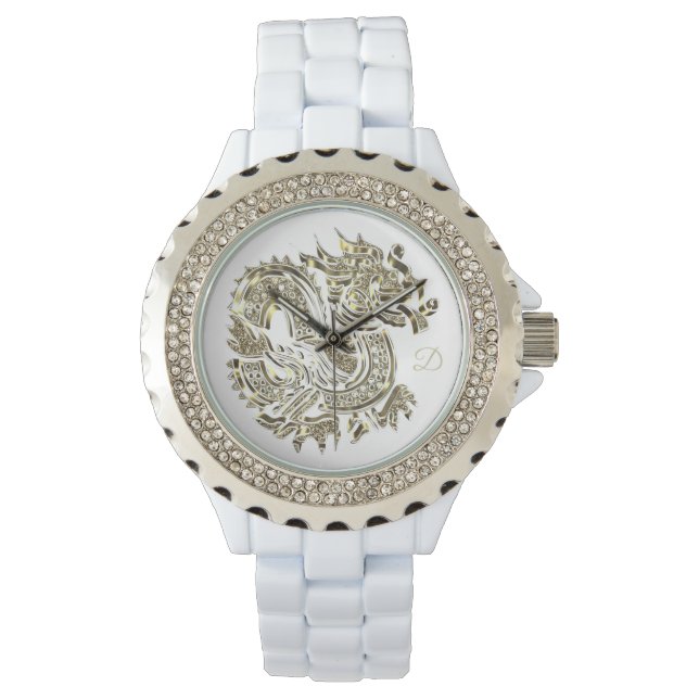 Golden Dragon Logo Add Monogram Elegant Armbanduhr (Vorderseite)