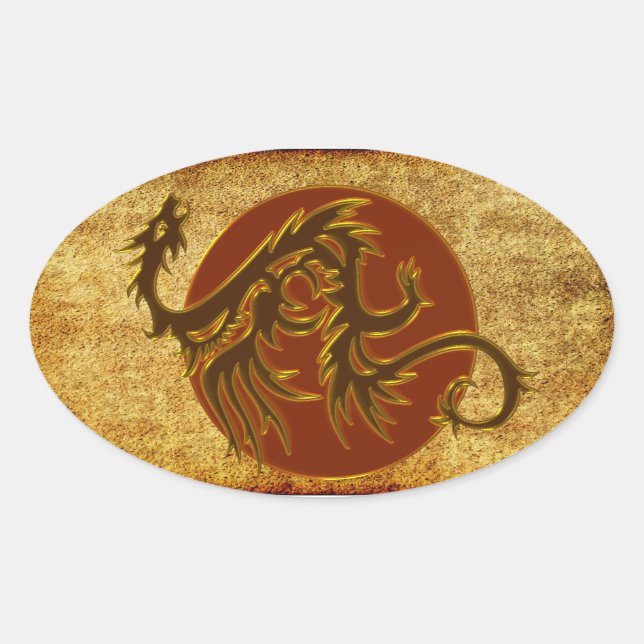 Golden Dragon Sun | Antiker Stil Ovaler Aufkleber (Vorderseite)