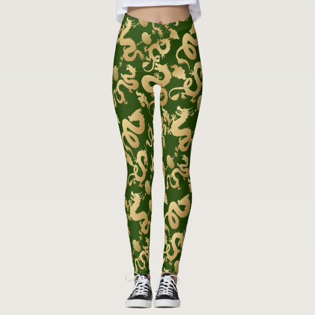 Golden Dragons Pattern D Green BG Leggings (Vorderseite)