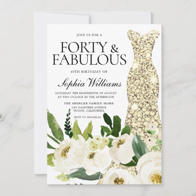 Golden Dress 40 & Fabulous 40. Geburtstag Einladung (Vorderseite)
