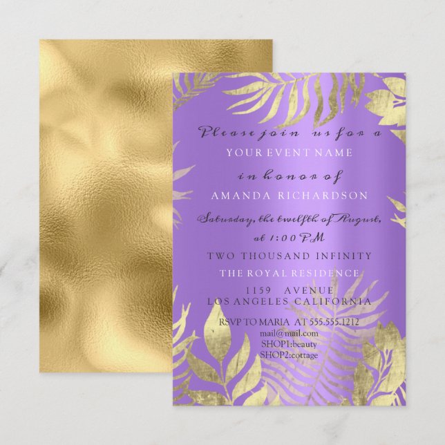 Golden Dschungel Lila Elegante Einladung (Vorne/Hinten)