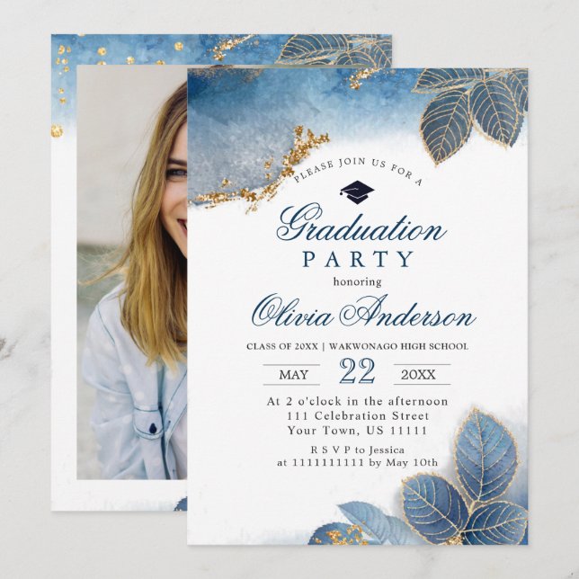 Golden Dusty Blue FOTO Graduation Party Einladung (Vorne/Hinten)