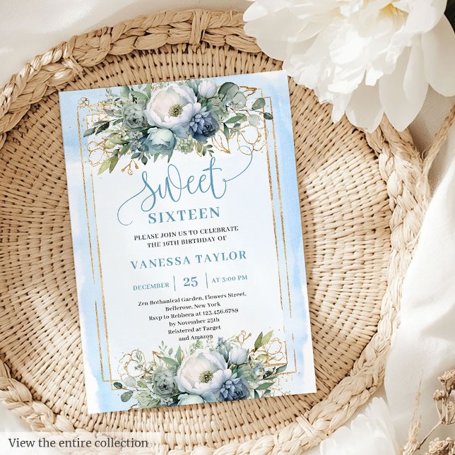 Golden Dusty Blue White Floral Sweet 16 Einladung (Golden Dusty Blue White Floral Sweet 16 Invitation)
