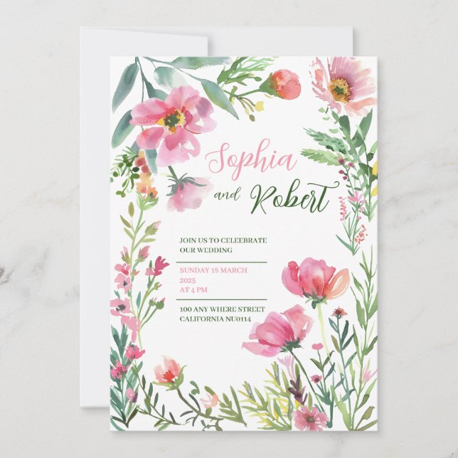 golden Dusty Pink Floral Greenery Wedding Invitati Einladung (Vorderseite)