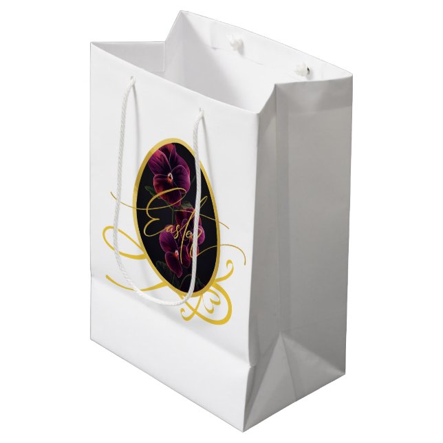 Golden Easter Egg and Elegant Iris Mittlere Geschenktüte (Vorderseite Schrägansicht)