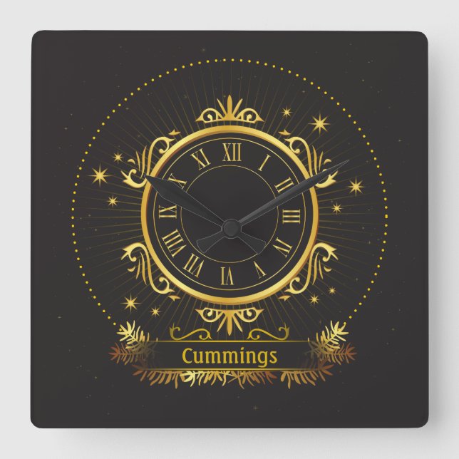Golden Elegance Personalisiert Name Sq. Wall-Uhr Quadratische Wanduhr (Vorderseite)