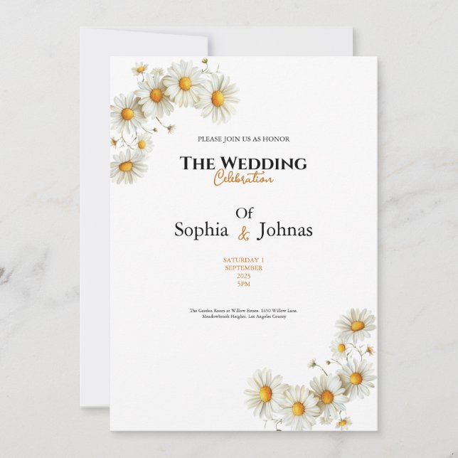 golden elegant daisy flower wedding invitation einladung (Vorderseite)