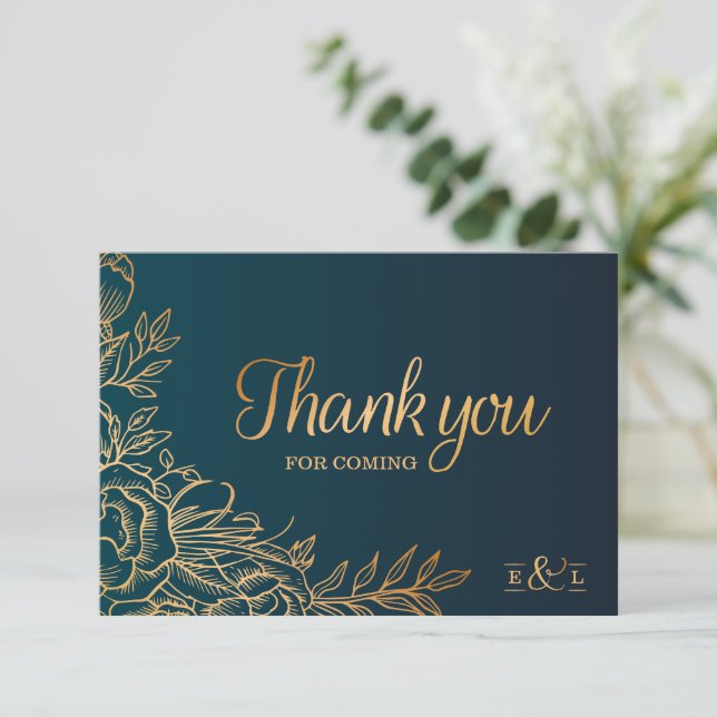 Golden Elegant Floral Wedding Danke Karte (Stehend Vorderseite)