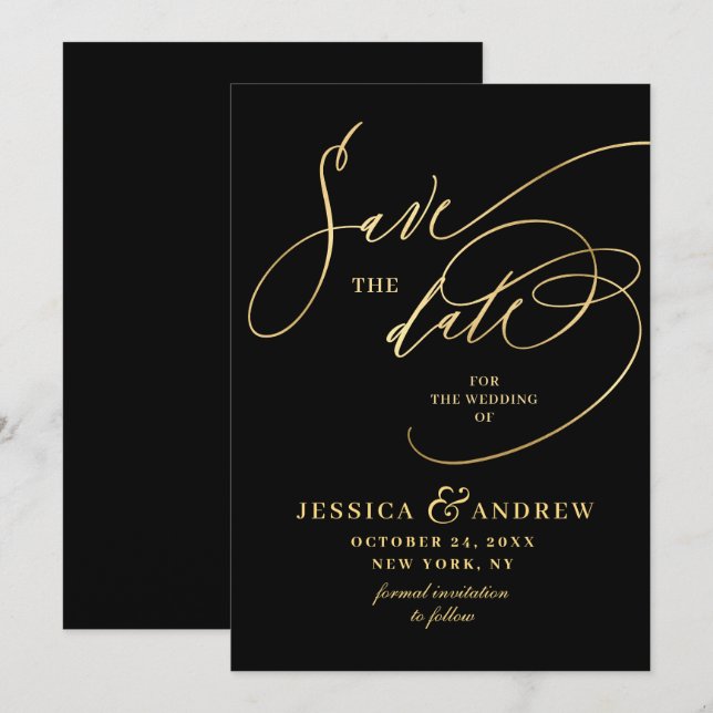 Golden Elegante Calligrafy Wedding Save the Date (Vorne/Hinten)