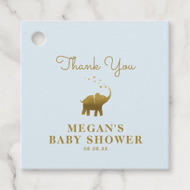 Golden Elephant Blue Baby Dusche Vielen Dank Geschenkanhänger (Vorderseite)