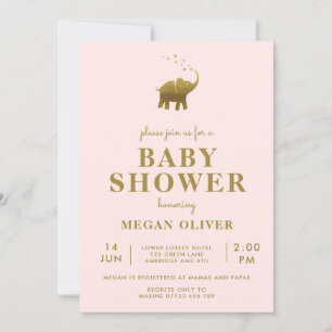 Golden Elephant Blush Pink Baby Dusche Einladung