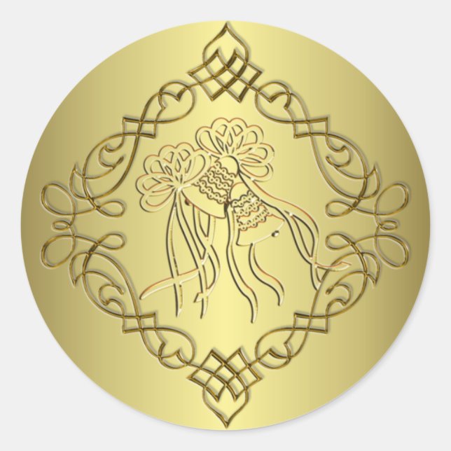 Golden Engraved Look Hochzeit Runder Aufkleber (Vorderseite)