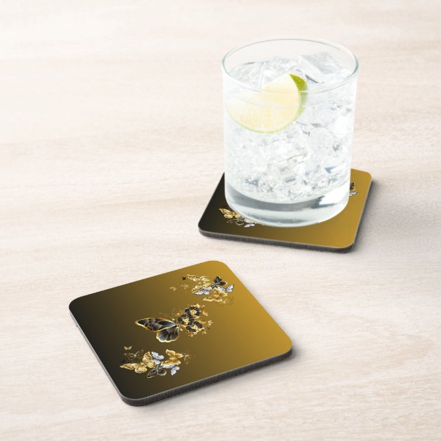 Golden Euphony – Black & Gold Butterfly Art Getränkeuntersetzer (Rechte Seite)