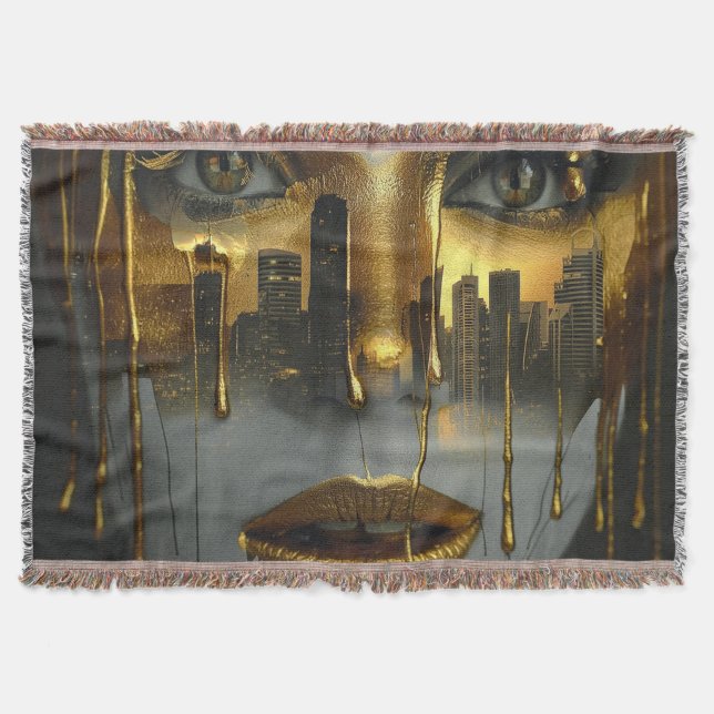 Golden Face Surrealist City Urban Digital Art Decke (Vorderseite)