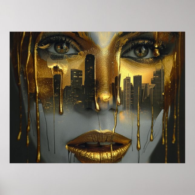 Golden Face Surrealist City Urban Digital Art Poster (Vorne)