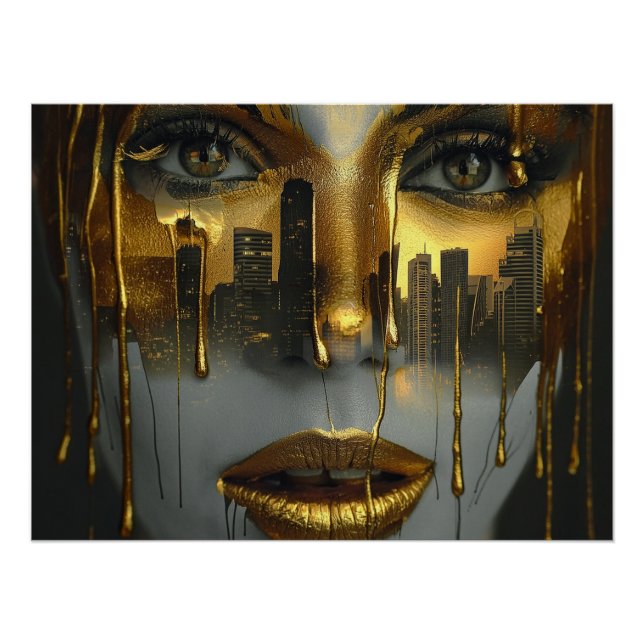Golden Face Surrealist City Urban Digital Art Poster (Vorderseite)