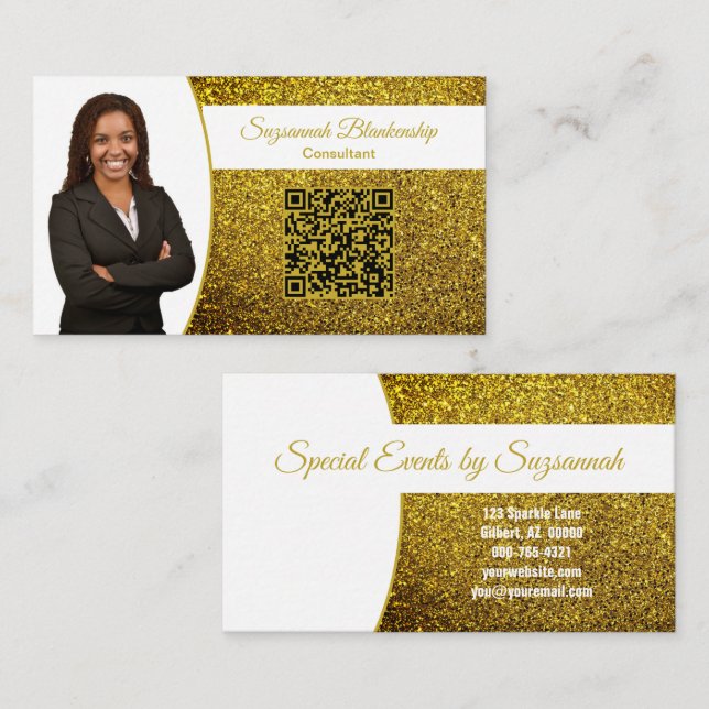 Golden Faux Glitter, Professiona Photo & QR Code Visitenkarte (Vorne/Hinten)