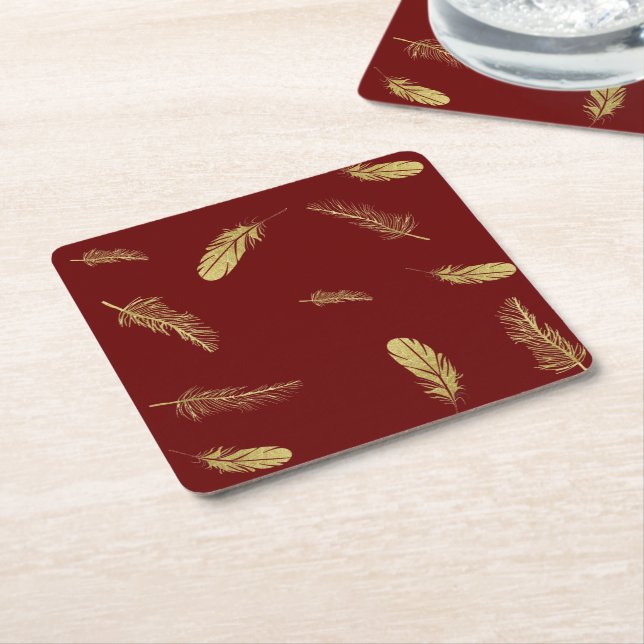 Golden Feathers Dark Red Rechteckiger Pappuntersetzer (angewinkelt)