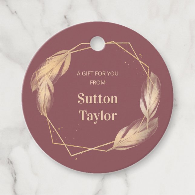 Golden Feathers on Mauve Geschenkanhänger (Vorderseite)