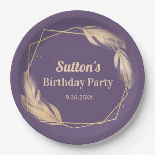 Golden Feathers on Plum Birthday Party Pappteller