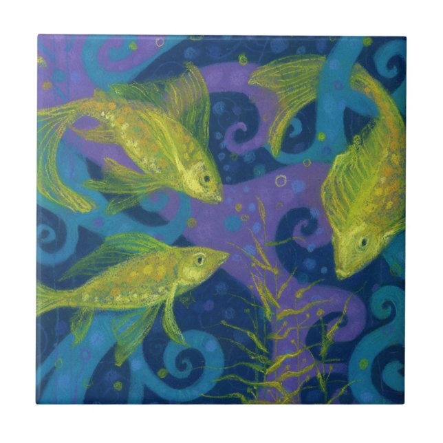 Golden Fish fischt Wassertiere unter Wasser Blau Fliese (Vorderseite)