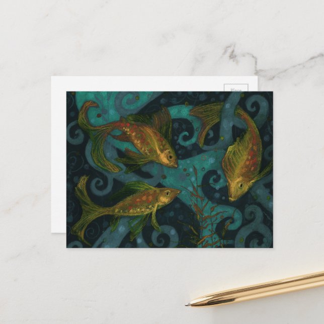 Golden Fish Underwater Animals Painting Black Aqua Postkarte (Vorderseite/Rückseite Beispiel)