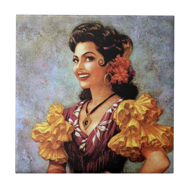 Golden Flamenco Schöne Mexikanische Kalender Girl  Fliese (Vorderseite)