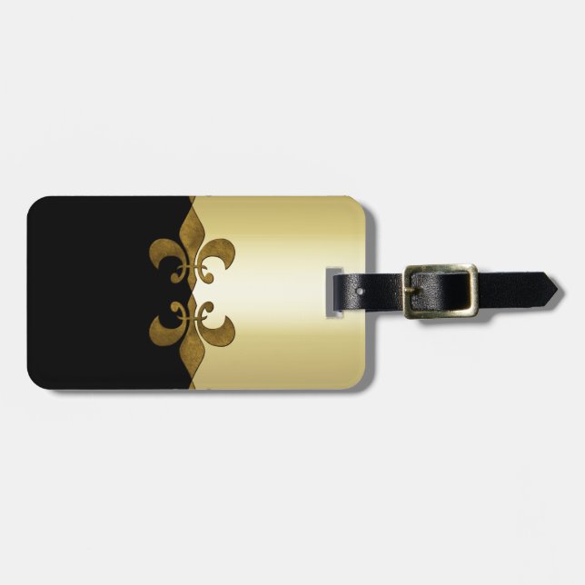 Golden Fleur-de-lis-Schwarzgolden-Monogramm Gepäckanhänger (Vorderseite horizontal)
