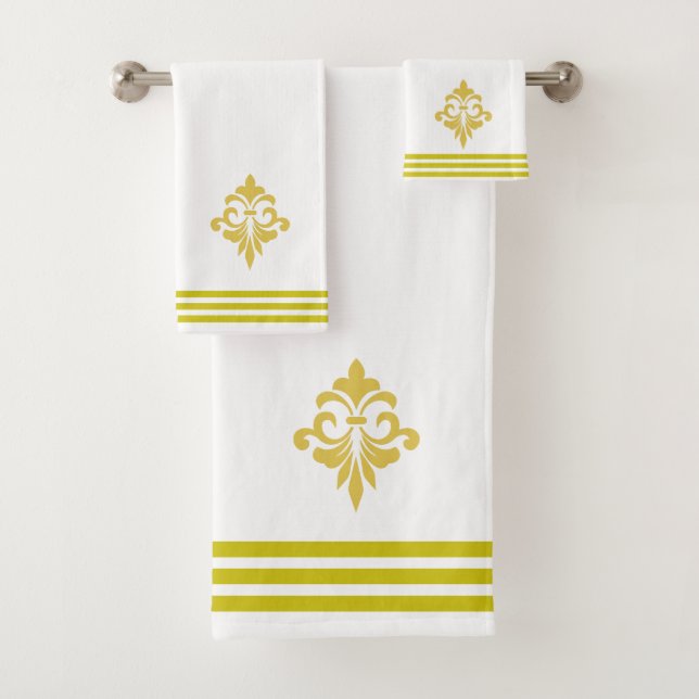 Golden Fleur de Lis, Three Stripes on White Badhandtuch Set (Insitu)