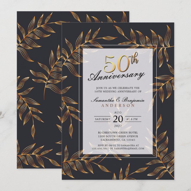 Golden Floral 50. Hochzeitstag Einladung (Vorne/Hinten)