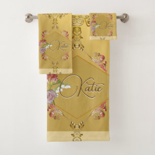 Golden Floral Bath mit einem Namen Handtuch Set