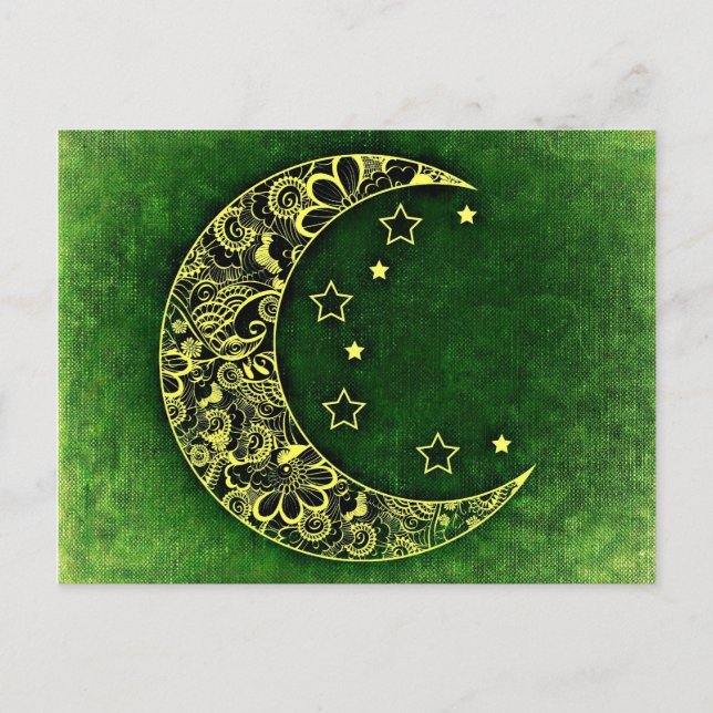 Golden Floral Crescent Moon and Stars on Green Postkarte (Vorderseite)