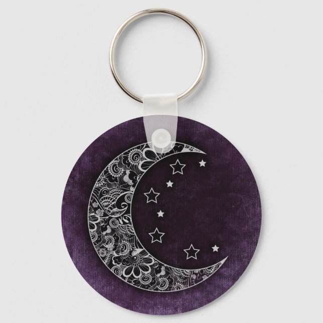 Golden Floral Crescent Moon and Stars on Lila Schlüsselanhänger (Vorderseite)