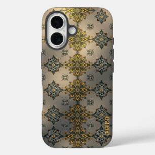 Golden Floral Damask auf Grau iPhone 16 Hülle
