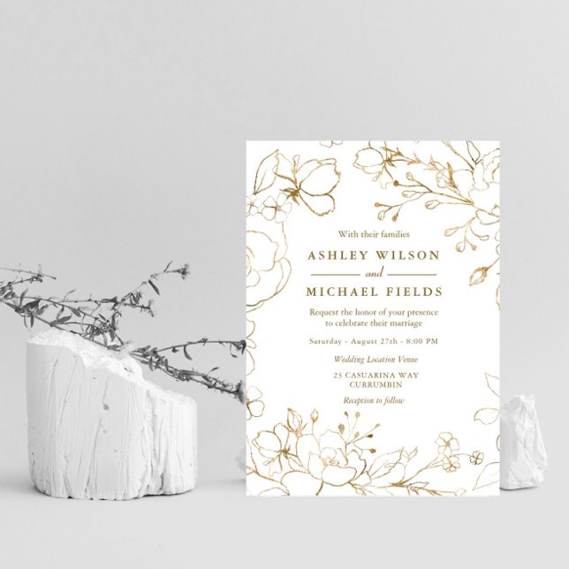 Golden Floral Elegantes Weiß Moderne Hochzeit Einladung (Von Creator hochgeladen)