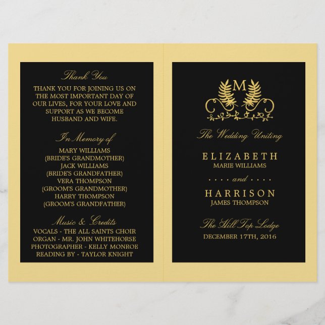 Golden Floral Emblem Wedding Programme (Devant)