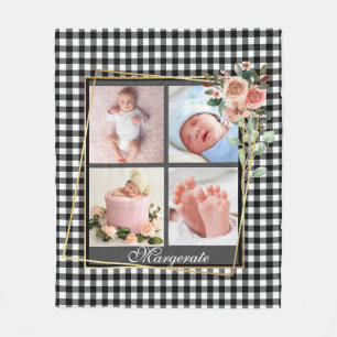 Golden Floral Frame New Baby Personalisiert 4 Foto Fleecedecke