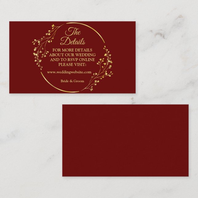 Golden Floral Geometric Wreath Red Detail Wedding Begleitkarte (Vorne/Hinten)
