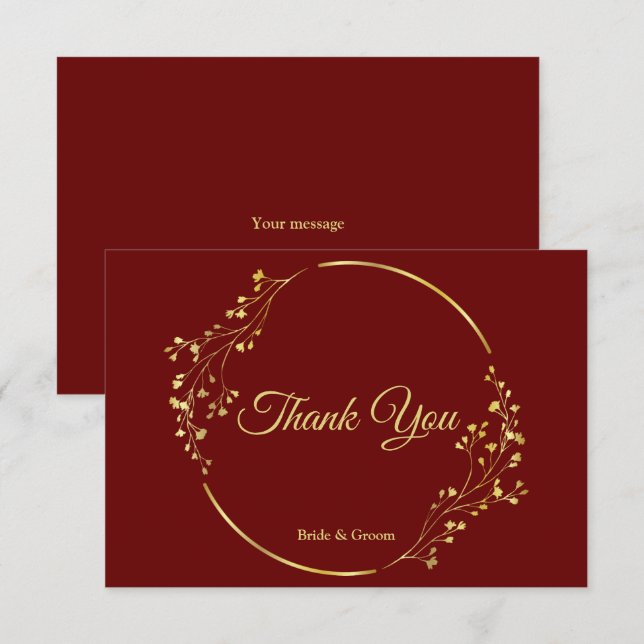 Golden Floral Geometric Wreath Red Wedding Dankeskarte (Vorne/Hinten)