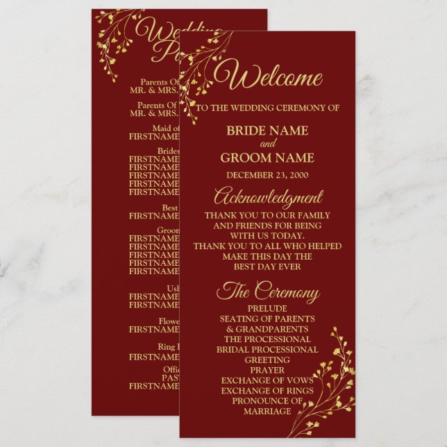 Golden Floral Geometric Wreath Red Wedding Programm (Vorne/Hinten)