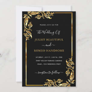 Golden Floral Gerahmt Hochzeit Einladung Black Gol