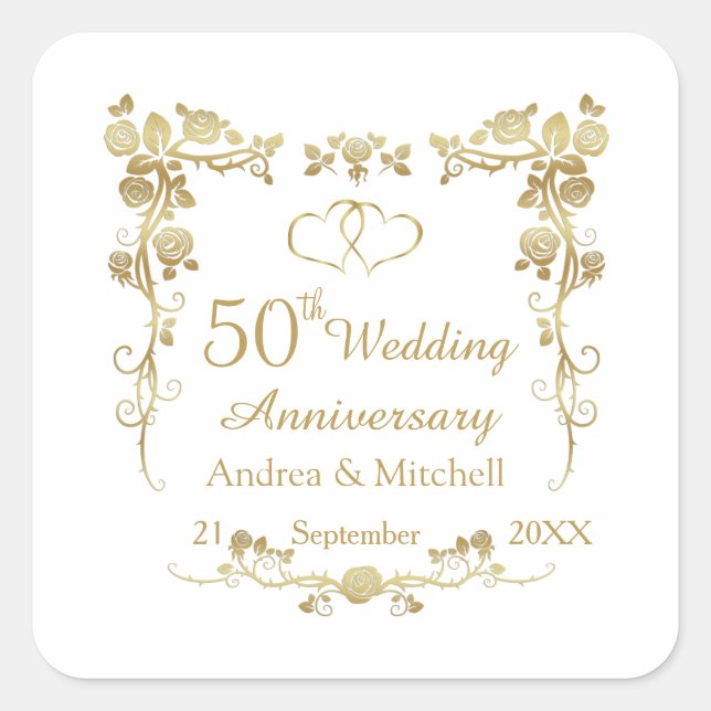Golden Floral Hearts 50. Wedding Anniversary Squar Quadratischer Aufkleber (Vorderseite)