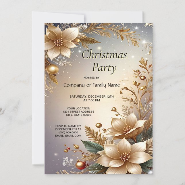Golden Floral Holiday Party Invitation Einladung (Vorderseite)