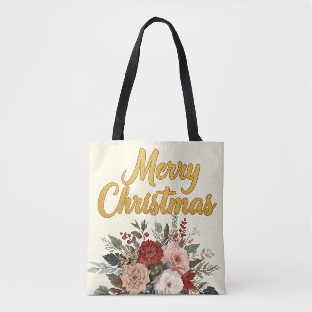Golden Floral Merry Christmas Bouquet Tasche (Vorderseite)
