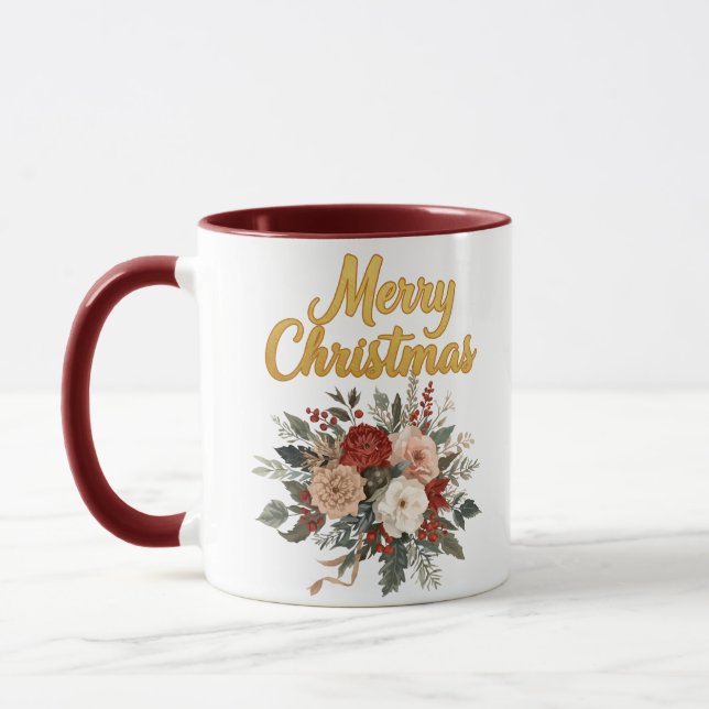 Golden Floral Merry Christmas Bouquet Tasse (Links)